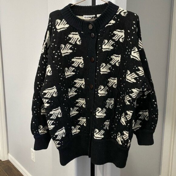 Vintage Bird Button Cardigan Wool Blend Swan Black White Print 60s Large - Picture 1 of 6